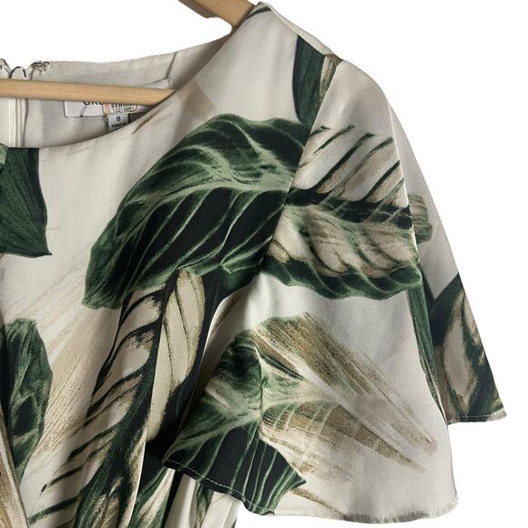 Great Jones Cream Green Tropical Leaf Print Tie Waist Midi Dress Size 8 - Picture 6 of 16